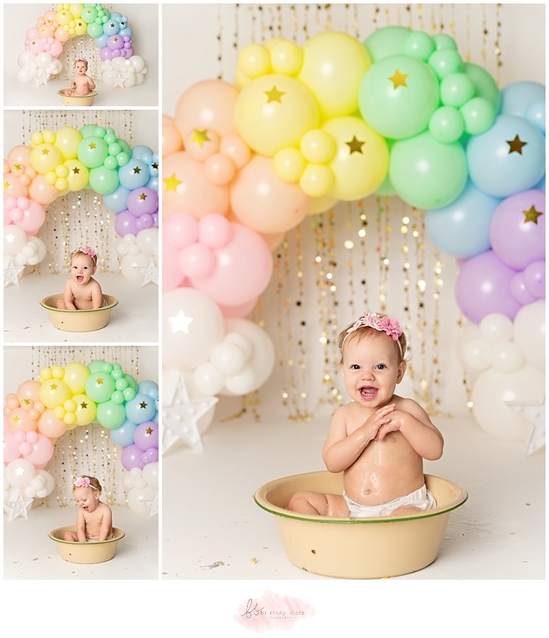 Calgary rainbow unicorn cake smash set with balloon garland bath time